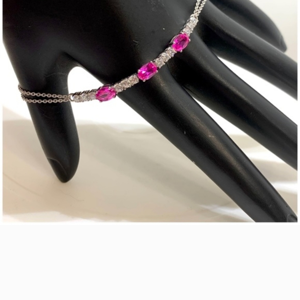STERLING SILVER 925 LAB GROWN PINK SAPPHIRE AND CUBIC ZIRCONIA TENNIS BRACELET